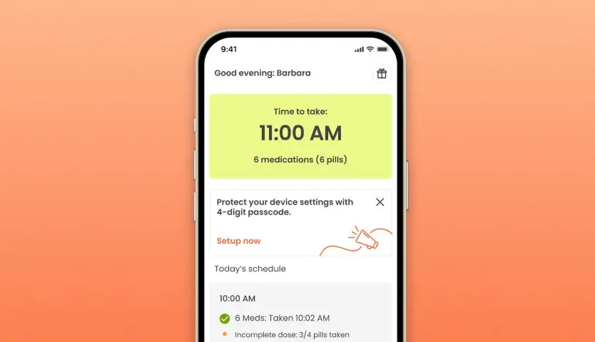 icon for Tracks what was taken and when, manages your full medication list, sends reminders and missed-dose alerts, and gives family members real-time visibility into a loved one's adherence.