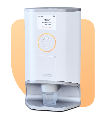 icon for One-button press sorts and dispenses your dose. The Hero smart dispenser is about the size of a coffee maker and fits on any kitchen counter. 