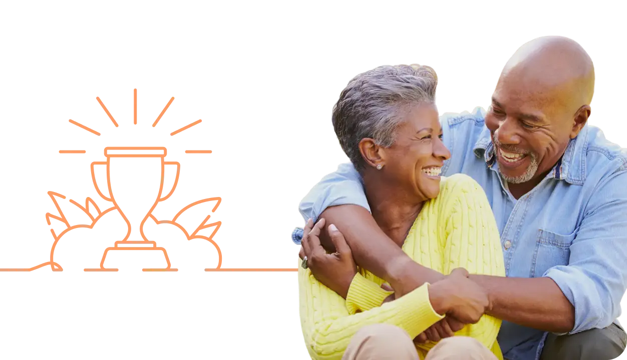 independent living people huging with trophy graphic